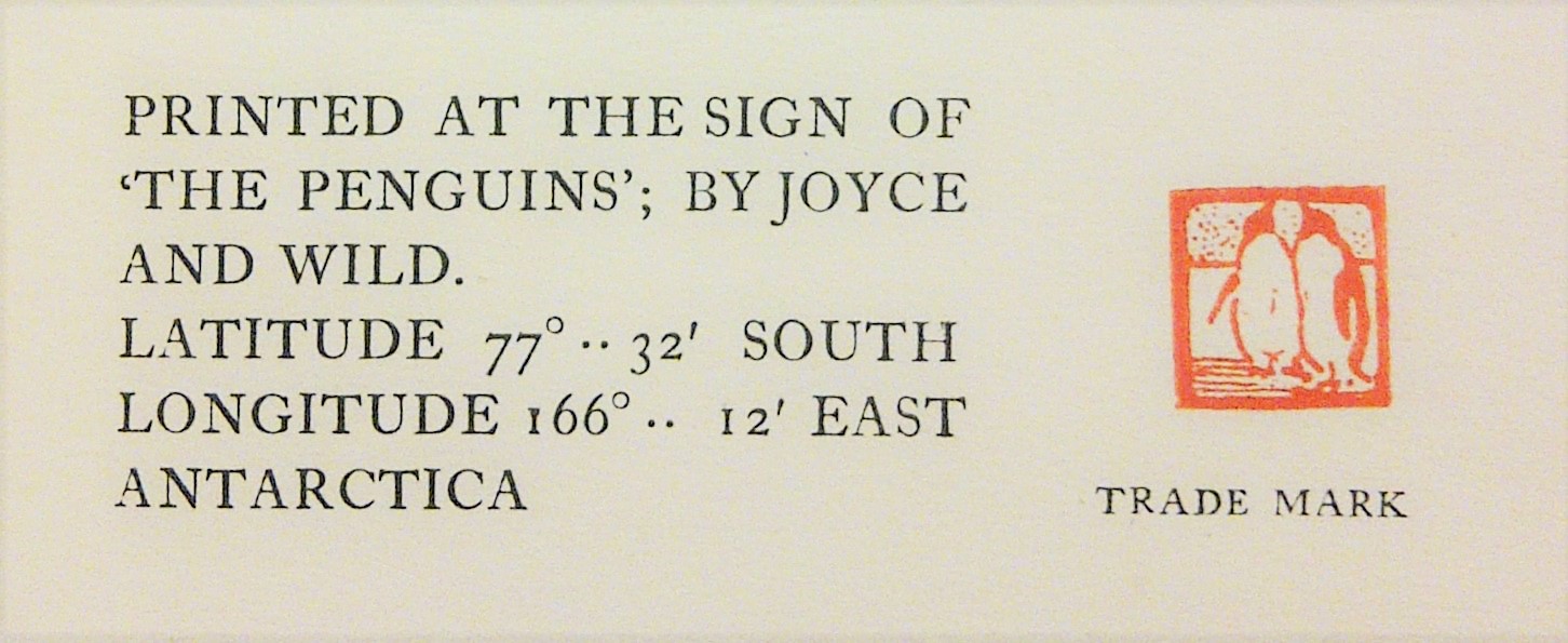 Extract from the frontispiece of Aurora Australis with a printed image of two penguins and the words Printed at the sign 'the penguins'