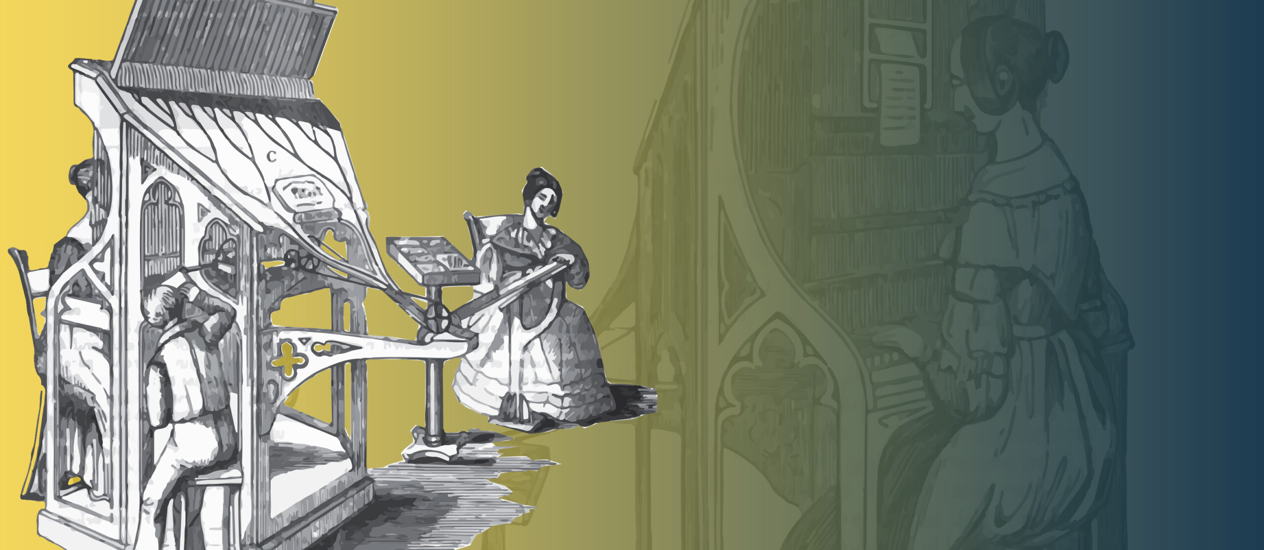 Stylised illustration of two women and a boy working at a large machine: the pianotype