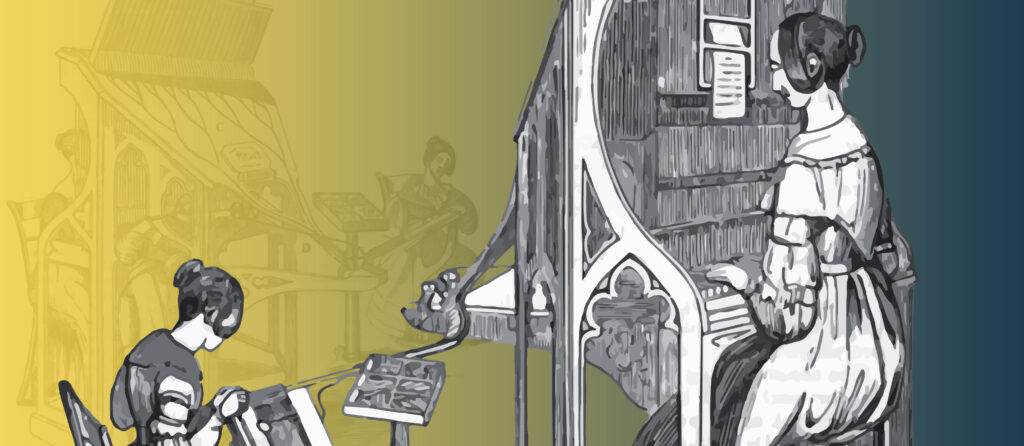 Stylised illustration of two women working at a large machine: the pianotype