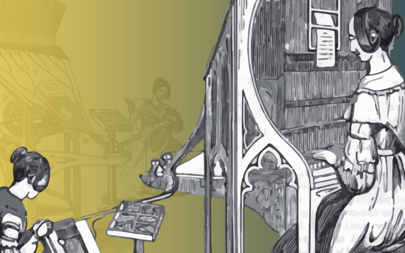 Stylised illustration of two women working at a large machine: the pianotype